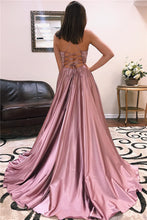 Fascinating Long A-line V-neck Satin Open Back Prom Dress with Front Slit