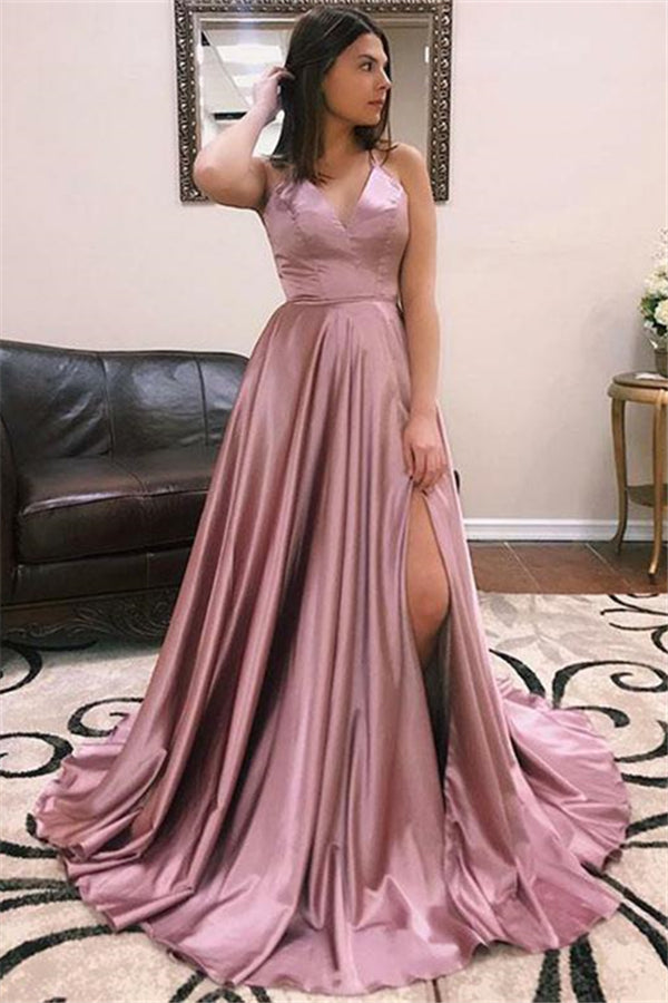 Fascinating Long A-line V-neck Satin Open Back Prom Dress with Front Slit