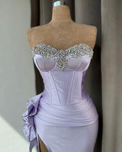 High Split Strapless Light Purple Mermaid Prom Dress With Rhinestone