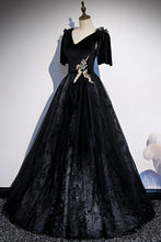 Black velvet lace long prom dress evening dress s103