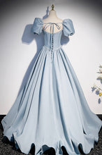 Blue satin pearl long prom dress blue evening dress s52
