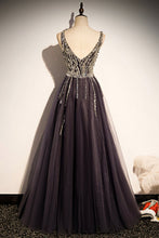 Stylish v neck tulle long prom dress A line evening dress s76