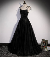 Black tulle beads long prom dress A line evening dress s58