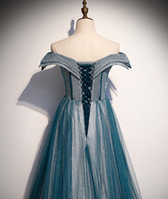 Blue tulle lace long prom dress off shoulder evening dress s105