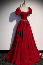 Burgundy A-line satin long prom dress evening dress s85