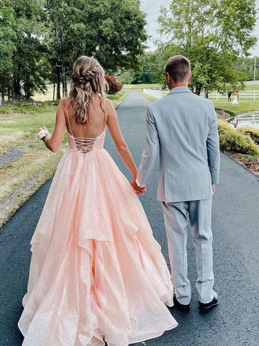 Pink spaghetti straps a line prom dress,layered evening gown,sparkle prom long dress Y1303