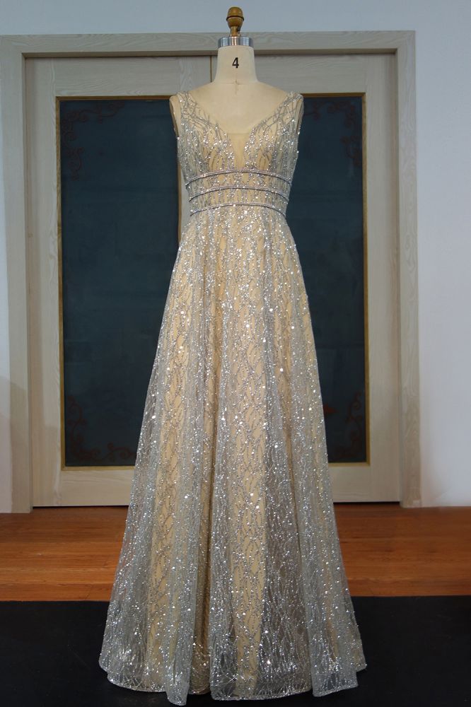 Floor Length A-line Sequined Sleeveless Silver Patterns Prom Dresses