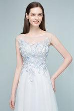 Floor Length A-line Sleeveless Appliqued Flowers Tulle Prom Dresses