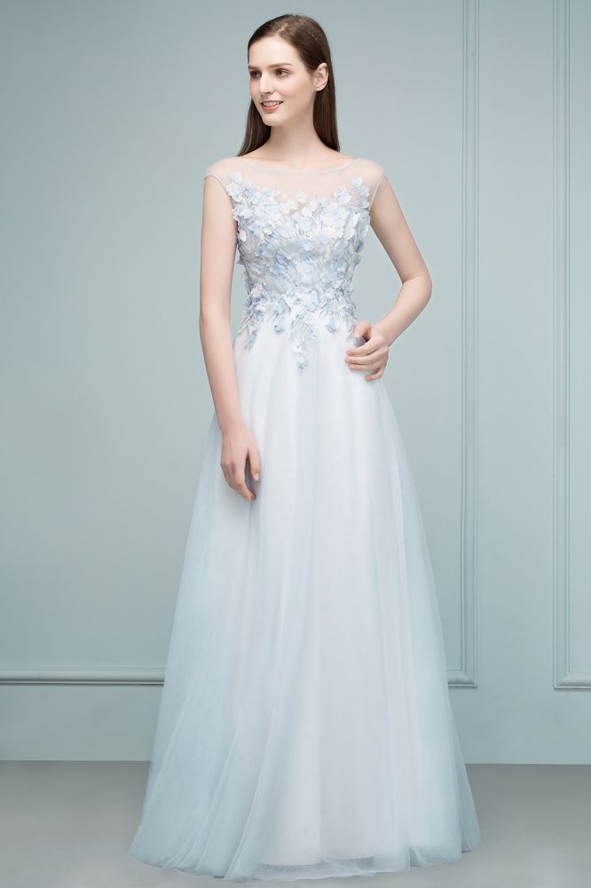 Floor Length A-line Sleeveless Appliqued Flowers Tulle Prom Dresses