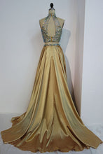 Floor Length A-line Two-piece Halter Prom Dresses with Crystals