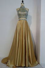 Floor Length A-line Two-piece Halter Prom Dresses with Crystals