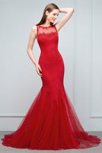 Floor Length Mermaid Illusion Neckline Sleeveless Tulle Lace Prom Dresses