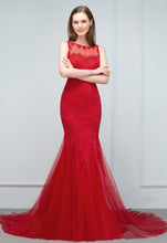 Floor Length Mermaid Illusion Neckline Sleeveless Tulle Lace Prom Dresses