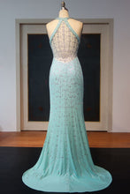 Floor Length Sheath Halter Sequined Back Prom Dresses