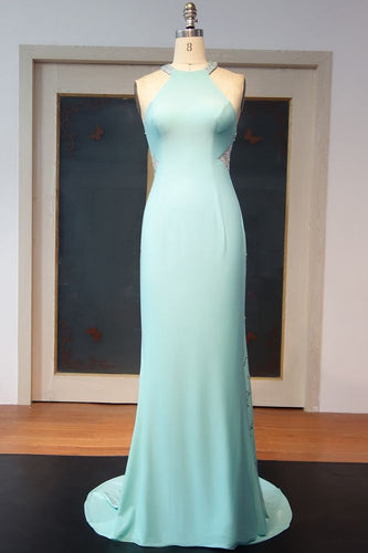 Floor Length Sheath Halter Sequined Back Prom Dresses