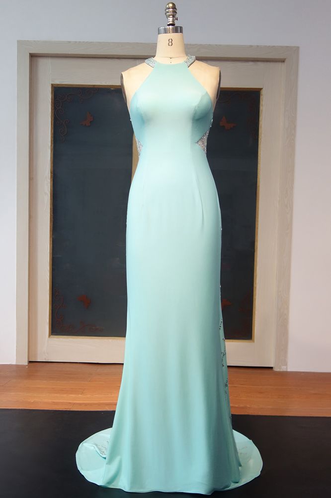 Floor Length Sheath Halter Sequined Back Prom Dresses