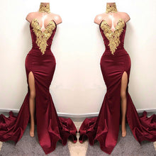 Front-Split High Neck Mermaid Burgundy Lace Appliques Prom Dresses