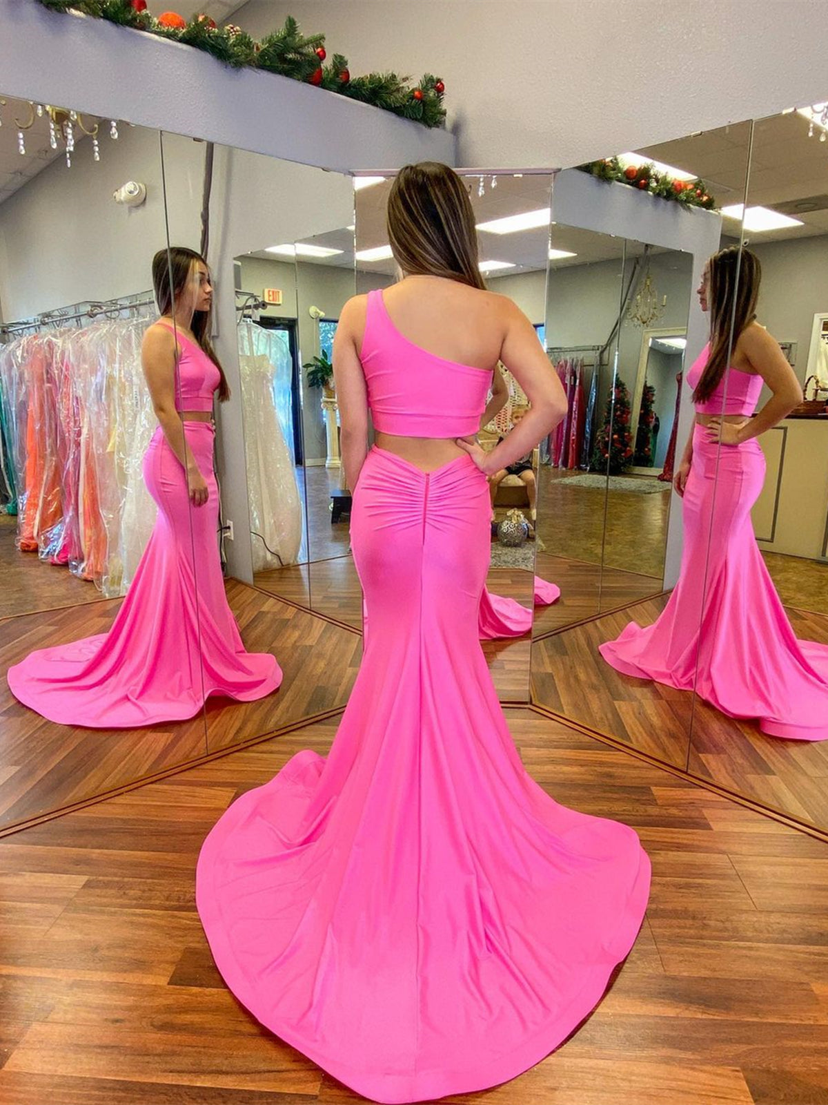 Fuchsia Two Pieces Mermaid One Shoulder Prom Dress Long Formal
