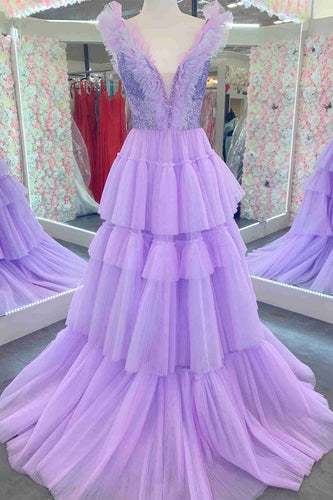 Stacy | Sequin Top Lavender Tiered Tulle Long Formal Dress