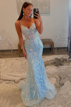 Margaret | Straps Light Blue V-Neck Sequin Appliques Mermaid Prom Dress