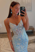 Margaret | Straps Light Blue V-Neck Sequin Appliques Mermaid Prom Dress