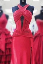 Veda | Green Satin Mermaid Slit Prom Dress with Criss Cross Neck