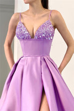 Glamorous A-line Spaghetti Straps Split Front Sequined Prom Dress