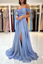 Glamorous Blue Long Glitter Off-the-shoulder Sleeveless Evening Dresses With Slit