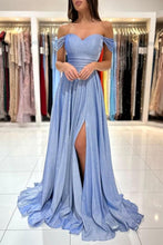 Glamorous Blue Long Glitter Off-the-shoulder Sleeveless Evening Dresses With Slit