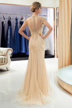 Glamorous Cap Sleeves Mermaid Golden Beading Evening Gown