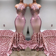 Glamorous Halter Mermaid Pink Prom Dress Lace With 3D-Floral Flowers Bottom