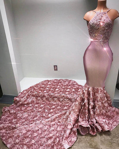 Glamorous Halter Mermaid Pink Prom Dress Lace With 3D-Floral Flowers Bottom