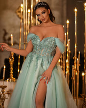 Glamorous Long A-line Off-the-shoulder Lace Beading Prom Dress With Slit