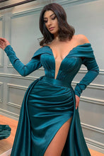 Glamorous Long A-line Off-the-shoulder V-neck Satin Prom Dress With Long Sleeves
