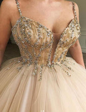 Glamorous Long Ball Gown Spaghetti Straps Beaded Tulle Prom Dresses