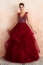 Glamorous Long Ball Gown V-neck Tulle Burgundy Prom Dress