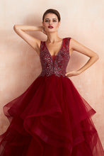 Glamorous Long Ball Gown V-neck Tulle Burgundy Prom Dress