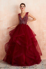 Glamorous Long Ball Gown V-neck Tulle Burgundy Prom Dress