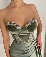 Glamorous Long Green Strapless Velvet Prom Dress With Slit