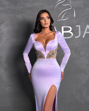 Glamorous Long Lilac Mermaid Beading Long Sleeves Prom Dress With Slit