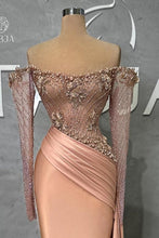 Glamorous Long Mermaid Off-the-shoulder Satin Beading Pearls Prom Dress with Long Sleeves