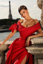 Glamorous Long Red A-line Off-the-shoulder Ruffles Prom Dress with Slit