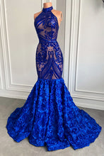Glamorous Long Royal Blue Halter Lace Flowers Sleeveless Mermaid Prom Dress