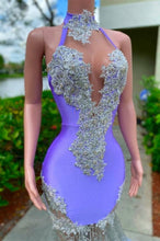 Glamorous Purple Halter Floor Length Satin Sleeveless Mermaid Prom Dress with Appliques