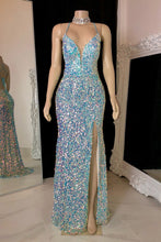 Glamorous Spaghetti Straps V-neck Sequined Sleeveless Prom Dress With Slit