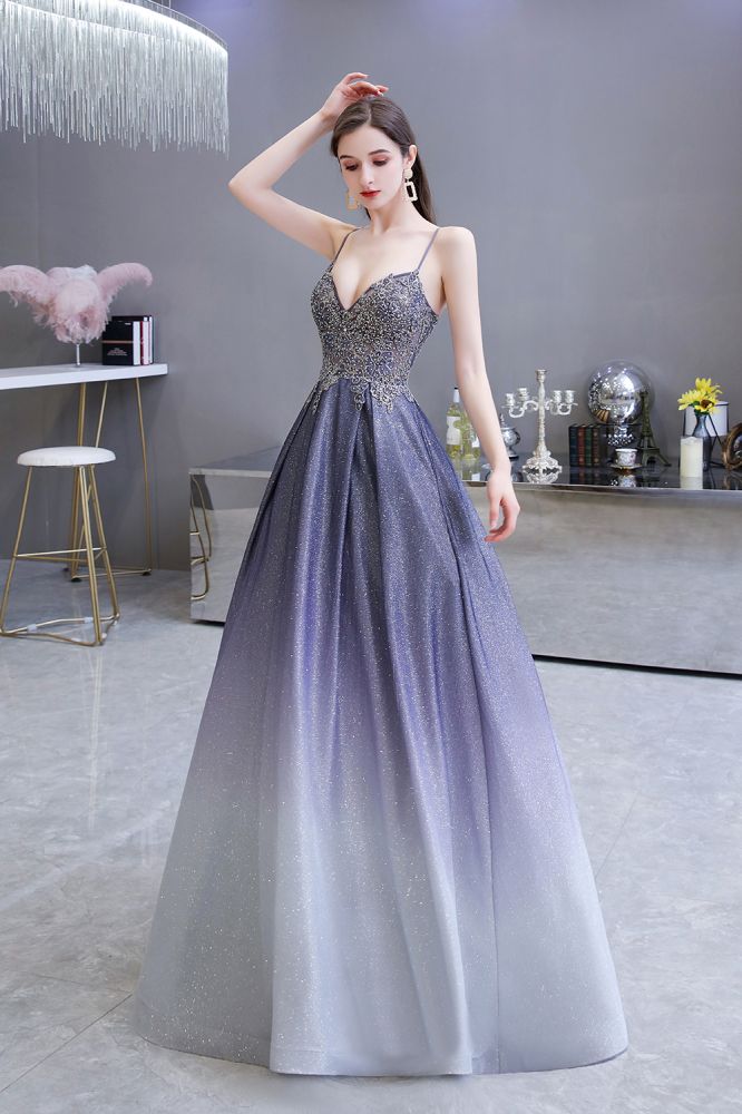 fitted lace wedding dress Glamous Spaghetti Ombre Purple Sparkly A-line Party Dress – Anna PromDress