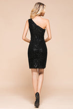 Glitter Black Sequins One Shoulder Mini Party Dress Short Cocktail Dress