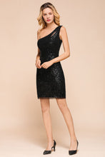 Glitter Black Sequins One Shoulder Mini Party Dress Short Cocktail Dress