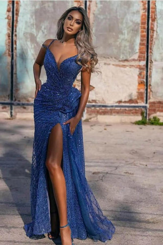 Glitter Long Mermaid Off the Shoulder Sequins Formal Evening Dresses with Slit