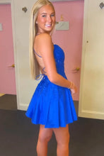 Gorgeous A Line Spaghetti Straps Royal Blue Corset Homecoming Dress with Appliques